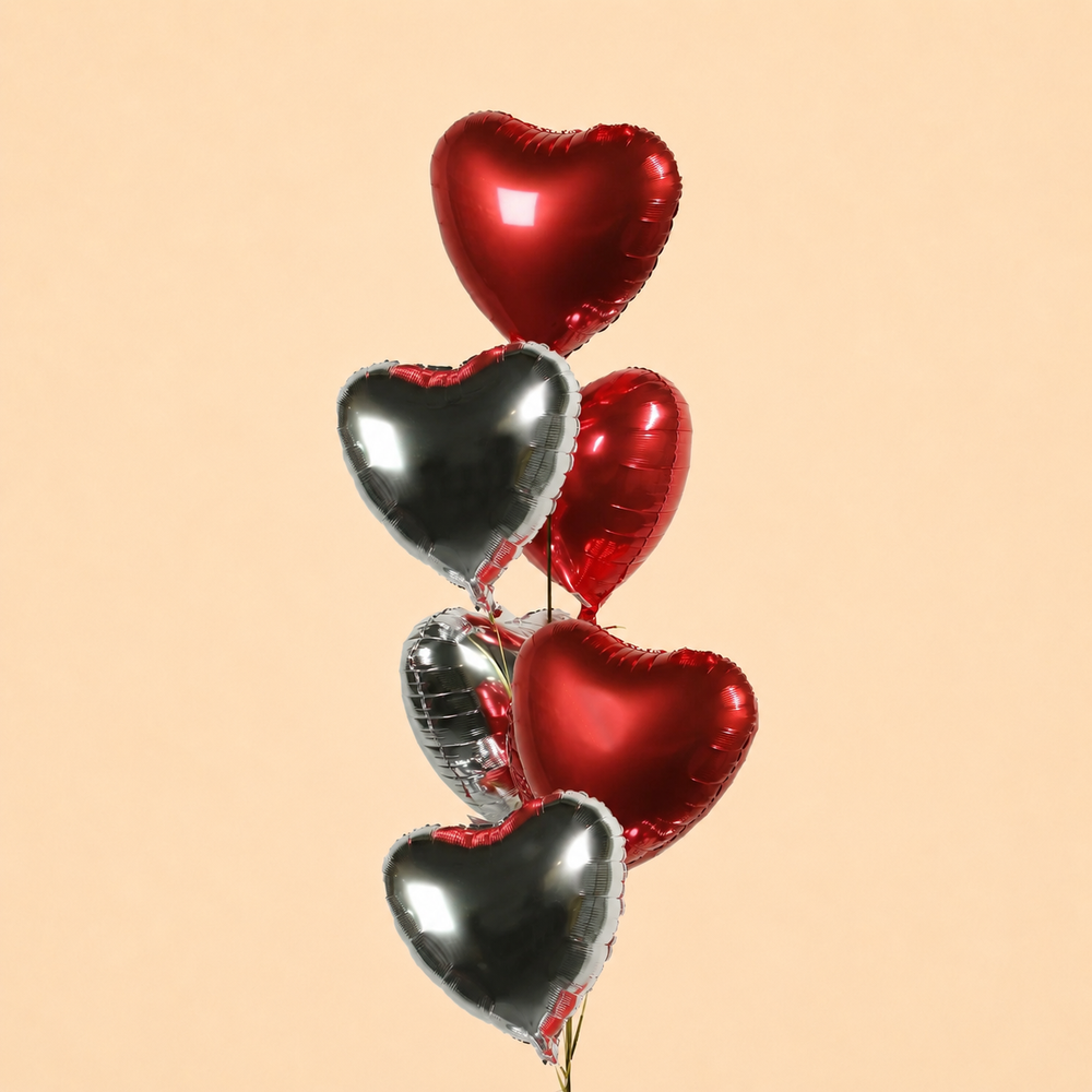 6 Pieces Red & Silver Foil Heart Balloons