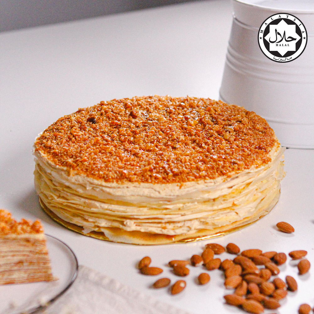 Almond Salted Caramel Mille Crepe Cake