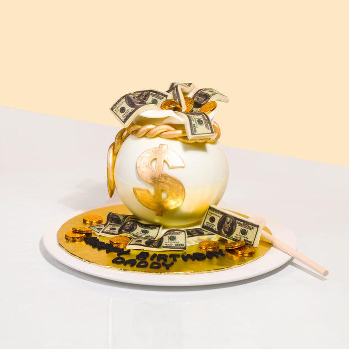 Knock knock cake shaped to look like a money bag