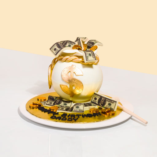 Knock knock cake shaped to look like a money bag