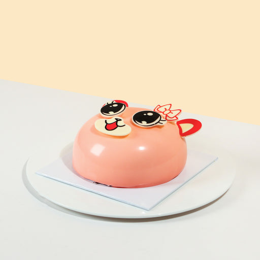 Chocolate chiffon cake with blueberry filling and vanilla panna cotta with a pink cat design