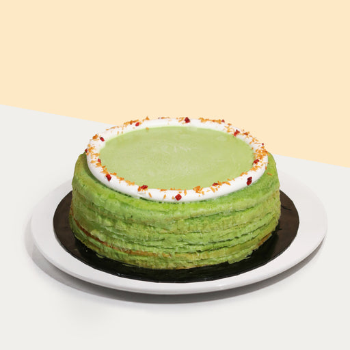 Mille crepe with layers of matcha cream and red bean chunks