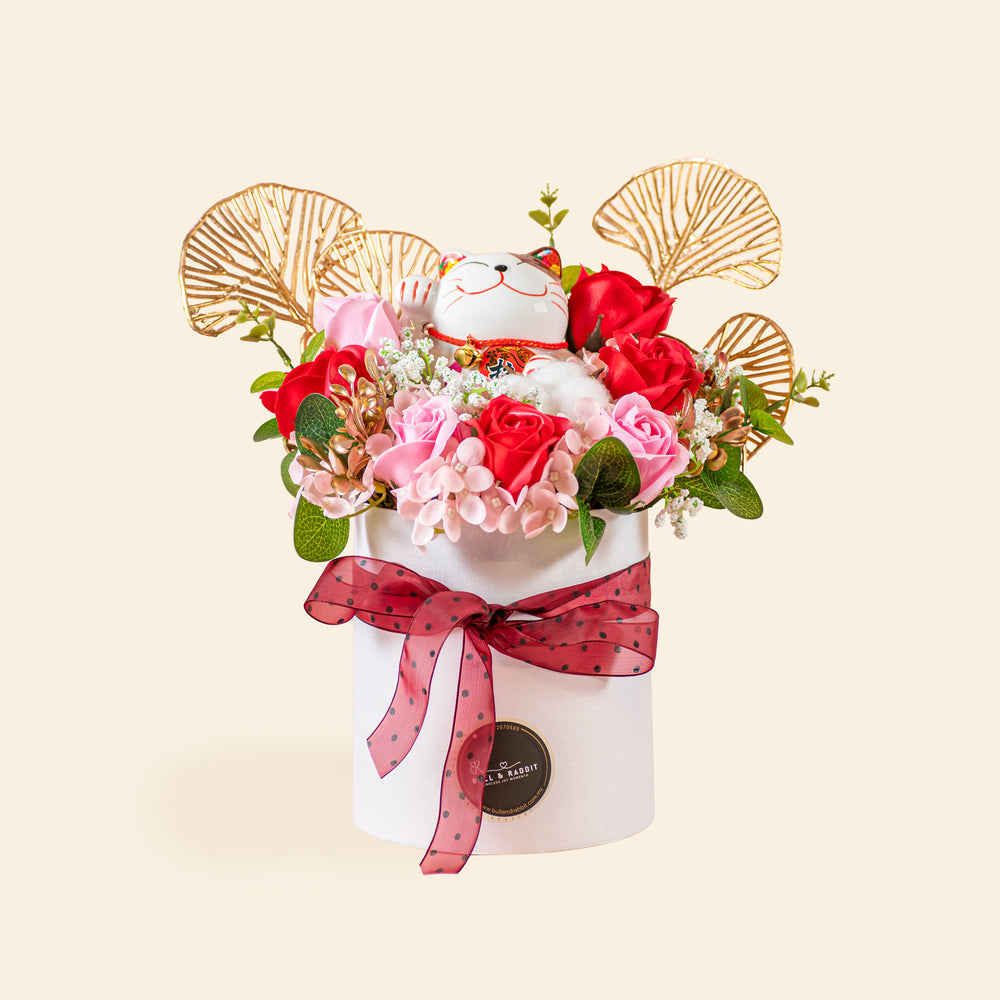 Soap flower box with a fortune bringing cat