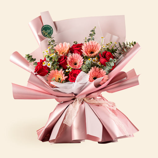 Pink bouquet with Pink Gerberas, Red Roses and Tanacetum