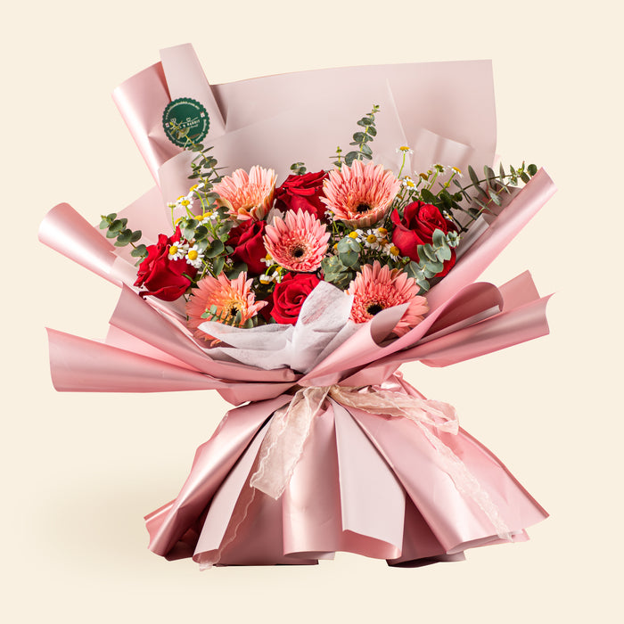 Pink bouquet with Pink Gerberas, Red Roses and Tanacetum