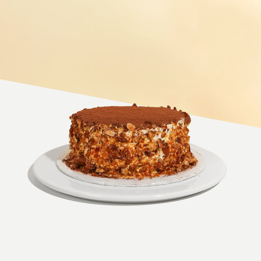 Tiramisu cake coated with caramelized almonds, dusted with cocoa powder