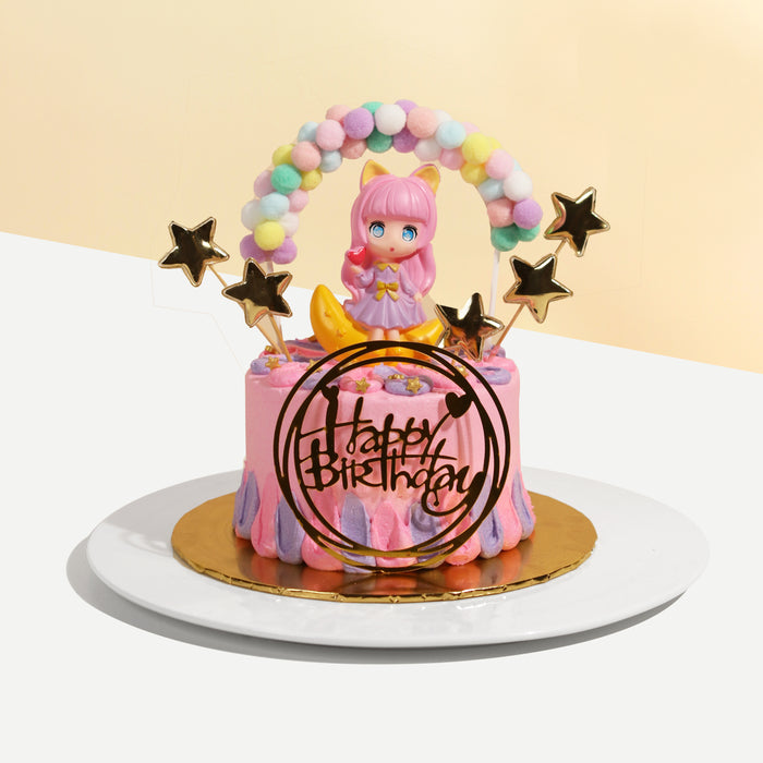 Pink and purple buttercream cake, with a pink haired figurine 