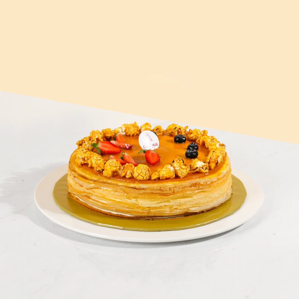 Mille crepe with caramel drizzle and banana