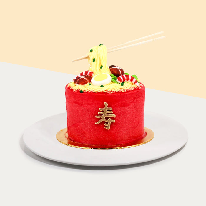 Red longevity cake with anti-gravity longevity noodles
